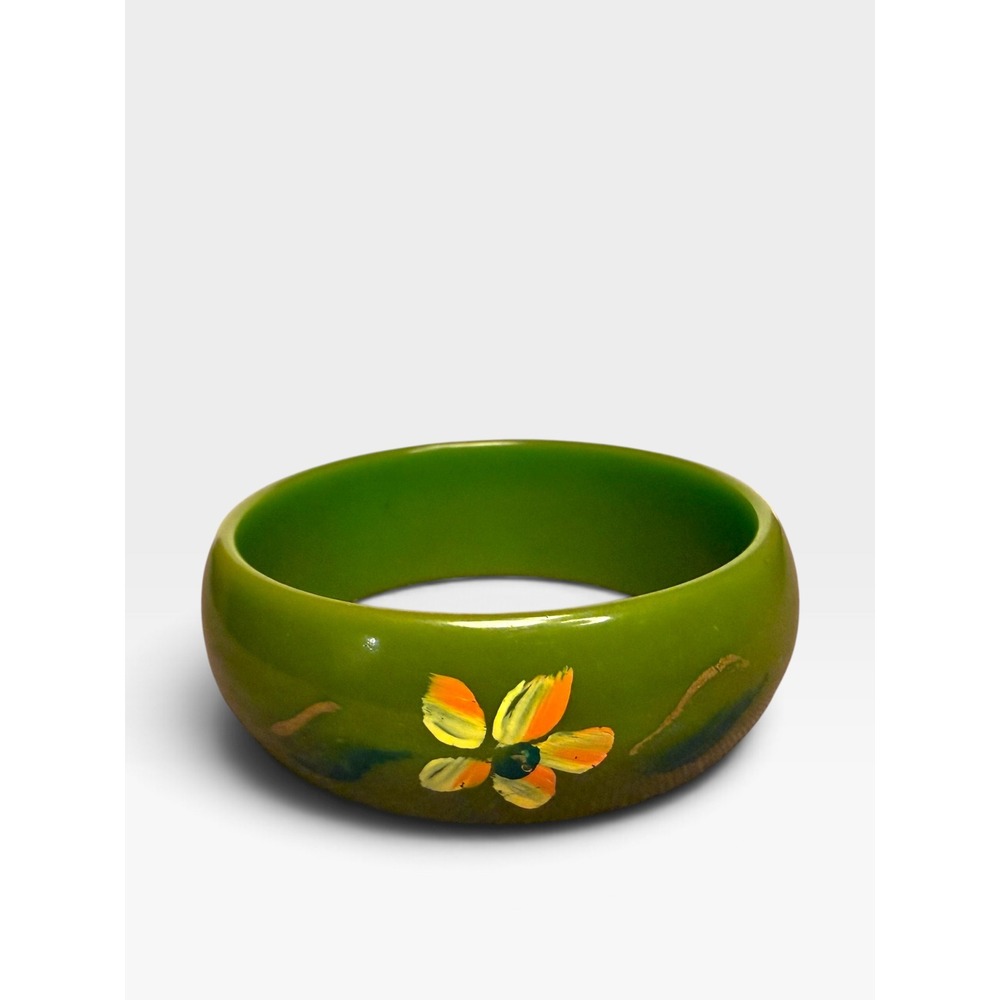 Vintage Tested Bakelite Bangle Bracelet Green Floral Hand Painted